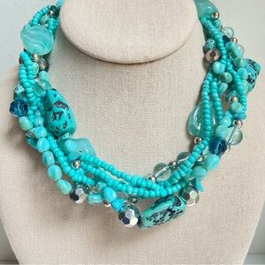 Faux turquoise chunks twisted torsade multi strand aqua necklace in acrylic